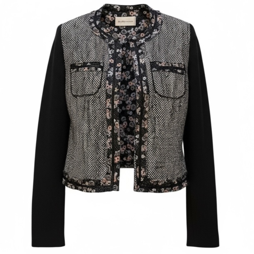 BCBG - GENERATION - EYE CATCHING WOMEN’S BLACK, WHITE & FLORAL TWEED JACKET- B16 - Picture 3 of 12